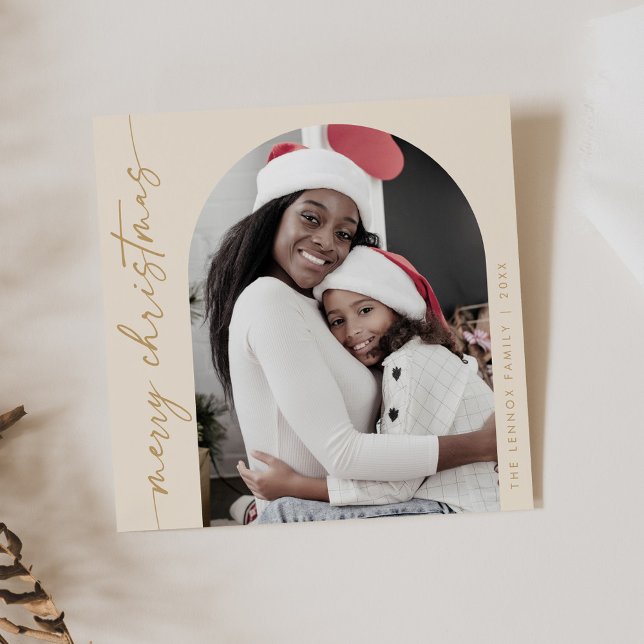 Boho Chic Cream Gold Photo Unique Merry Christmas Holiday Card (Creator Uploaded)