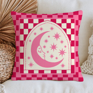 Boho Chic Crescent Moon with Stars Pink Chequered Cushion