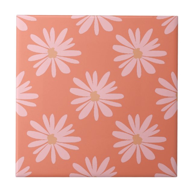BOHO Chic Daisy Pattern Peach Orange Retro Floral Tile (Front)