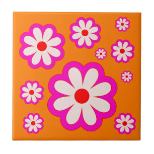 BOHO Chic Daisy Pattern Pink& Orange Retro Floral  Tile