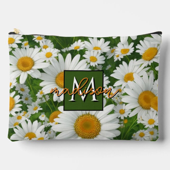 Boho chic daisy pattern white floral personalise accessory pouch (Front)