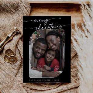 Boho Chic Dark Black Photo Cute Merry Christmas Holiday Card