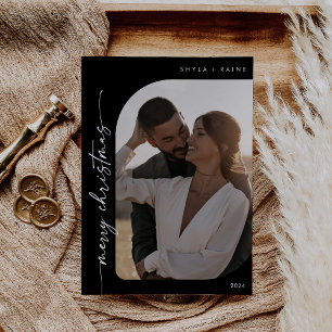 Boho Chic Dark Black Photo Simple Merry Christmas Holiday Card