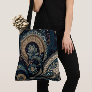 Boho Chic Dark Blue Paisley Pattern Tote Bag