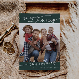 Boho Chic Dark Green Family Photo Cute Christmas Holiday Card