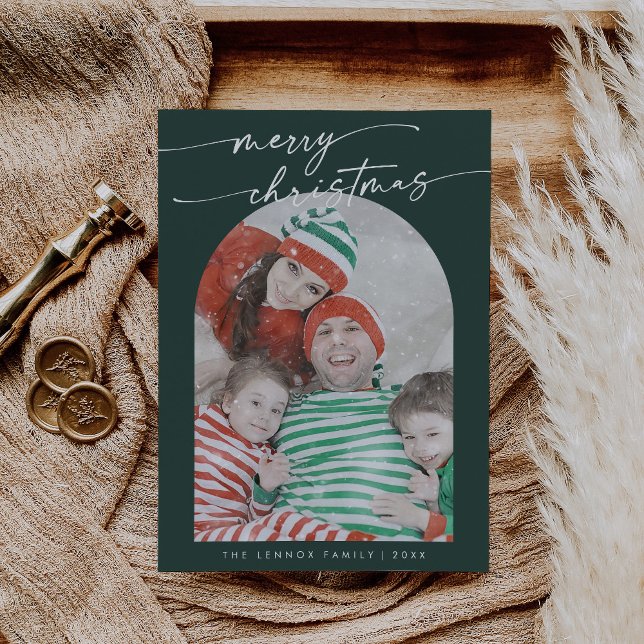 Boho Chic Dark Green Fun Family Photo Christmas Holiday Card (Creator Uploaded)