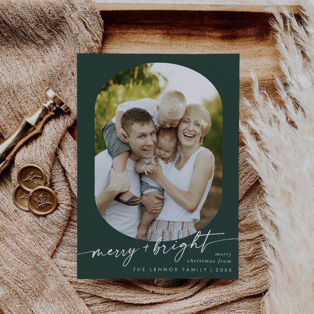 Boho Chic Dark Green Merry Bright Photo Christmas Holiday Card (Creator Uploaded)