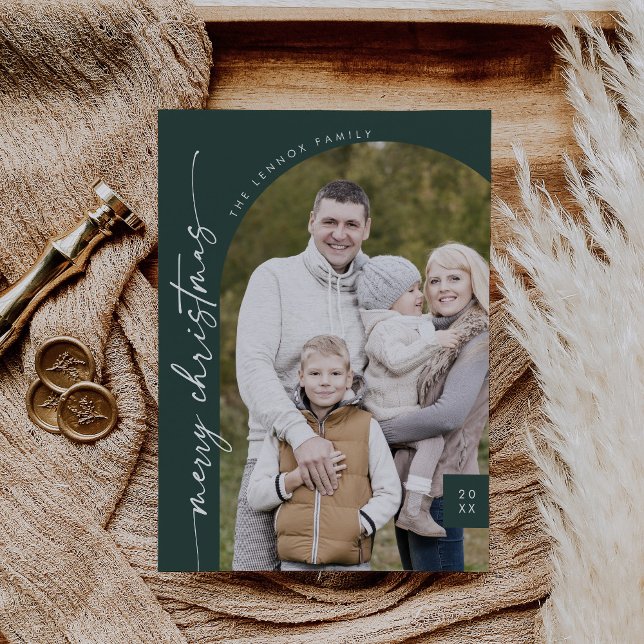 Boho Chic Dark Green Photo Modern Merry Christmas Holiday Card (Creator Uploaded)