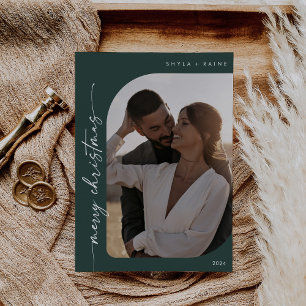 Boho Chic Dark Green Photo Simple Merry Christmas Holiday Card