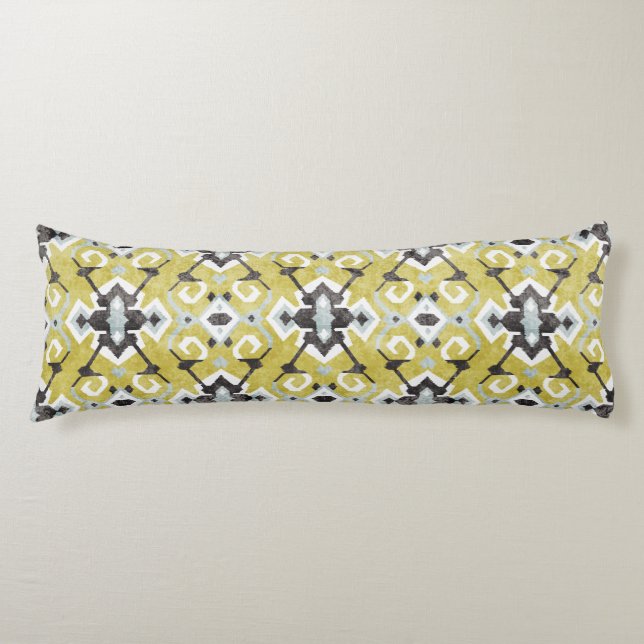 Boho chic dark grey and yellow ikat tribal pattern body cushion (Front)