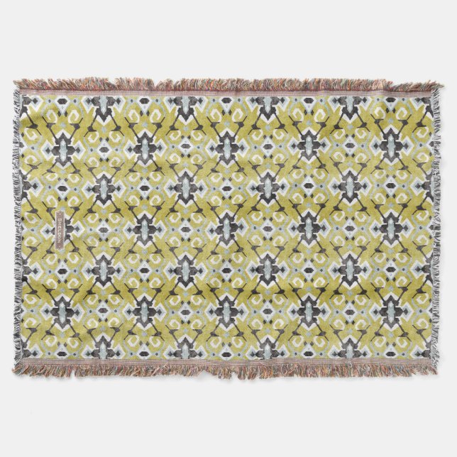 Boho chic dark grey and yellow ikat tribal pattern throw blanket (Front)