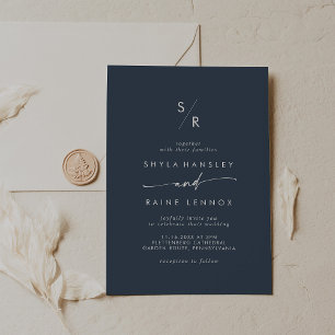Boho Chic Dark Navy Blue Monogram Wedding Invitation