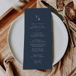 Boho Chic Dark Navy Blue Monogram Wedding Menu<br><div class="desc">This boho chic dark navy blue monogram wedding menu card is perfect for a minimalist wedding. The muted and moody neutral dark blue modern bohemian design features simple rustic calligraphy with a unique yet classic style.

Personalised your monogrammed menu with your first initials.</div>