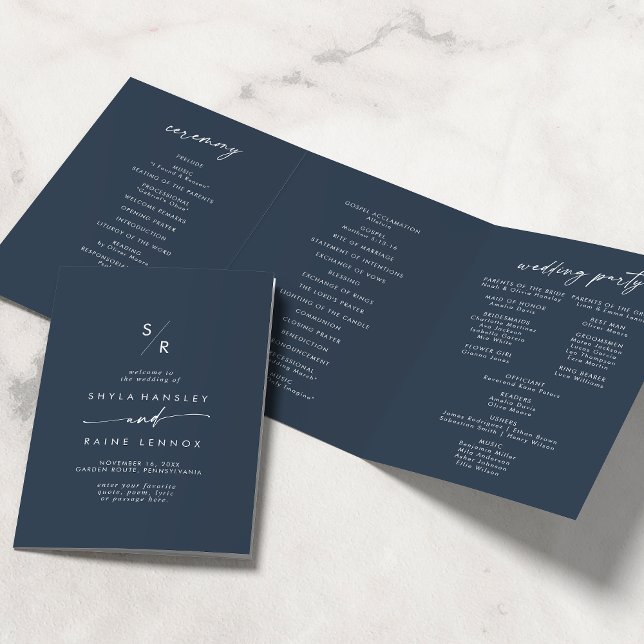 Boho Chic Dark Navy Blue Monogram Wedding Tri-Fold Programme (Creator Uploaded)