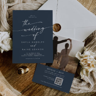 Boho Chic Dark Navy Blue Photo QR Code Wedding Invitation