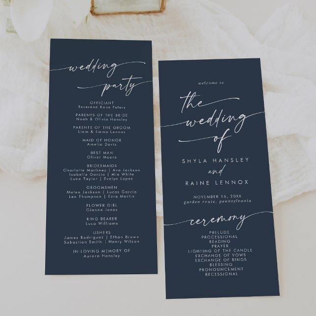 Boho Chic Dark Navy Blue Tea Length Wedding Programme (Creator Uploaded)