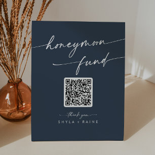 Boho Chic Dark Navy Blue Wedding Honeymoon Fund Pedestal Sign