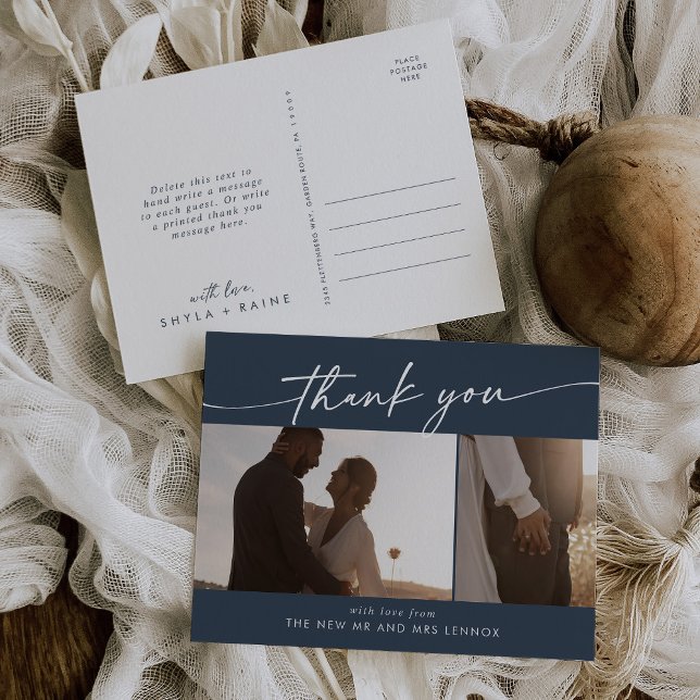Boho Chic Dark Navy Blue Wedding Photo Thank You Postcard (Creator Uploaded)