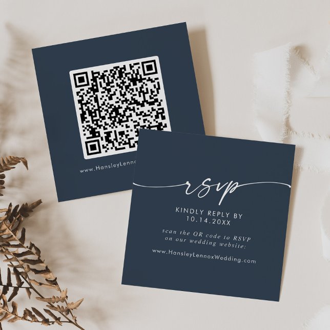 Boho Chic Dark Navy Blue Wedding QR Code RSVP Enclosure Card (Creator Uploaded)