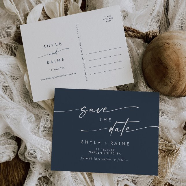 Boho Chic Dark Navy Blue Wedding Save the Date Invitation Postcard (Creator Uploaded)