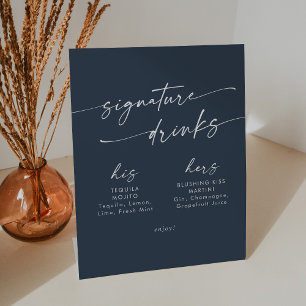 Boho Chic Dark Navy Blue Wedding Signature Drinks Pedestal Sign