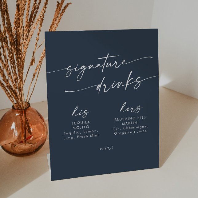Boho Chic Dark Navy Blue Wedding Signature Drinks Pedestal Sign (Creator Uploaded)