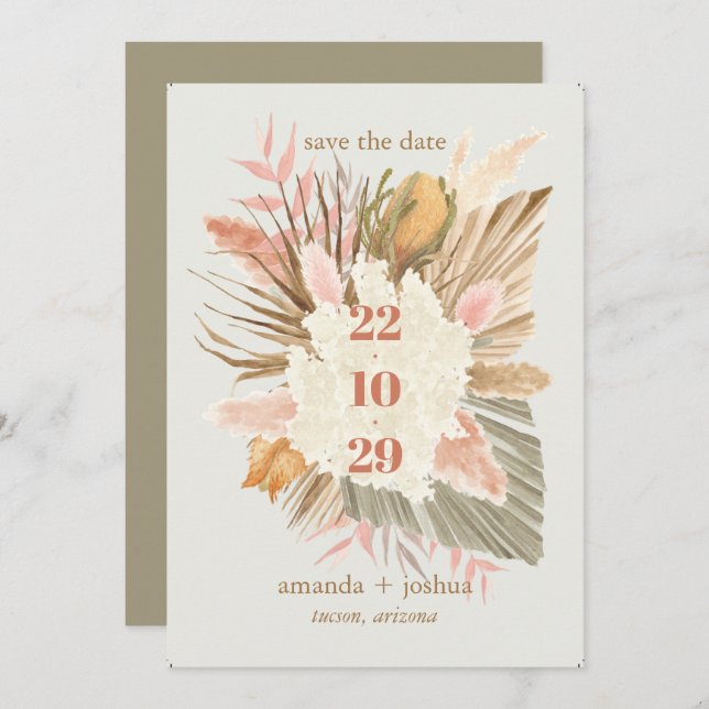 Boho Chic Desert Dried Foliage and Pampas Wedding  Save The Date (Front/Back)