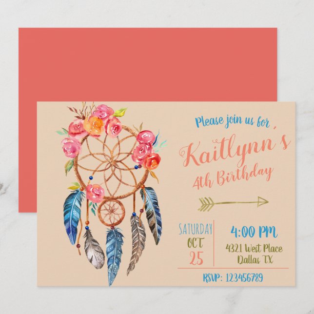 Boho chic dreamcatcher birthday invitation (Front/Back)