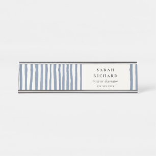 Boho Chic Dusky Blue Watercolor Hand Drawn Strips Desk Name Plate