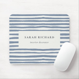 Boho Chic Dusky Blue Watercolor Hand Drawn Strips Mouse Mat