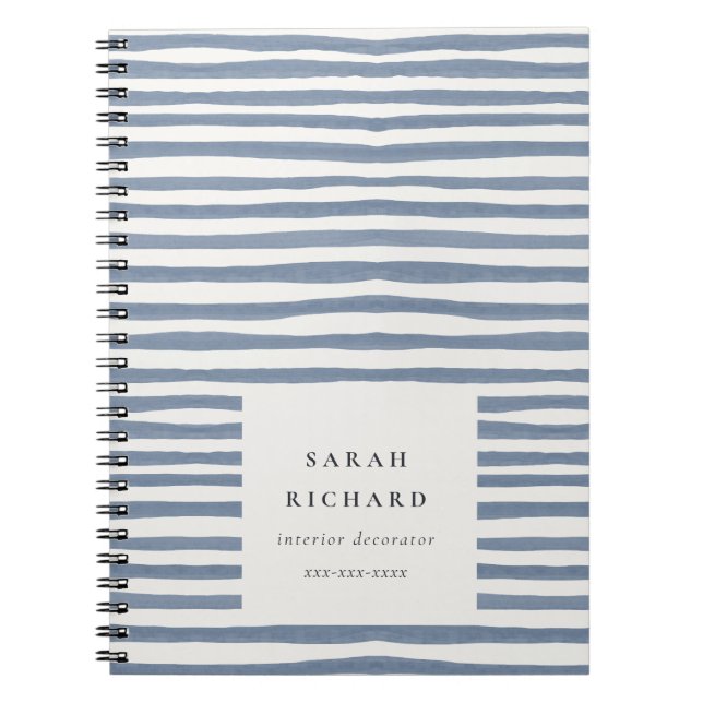 Boho Chic Dusky Blue Watercolor Hand Drawn Strips Notebook (Front)