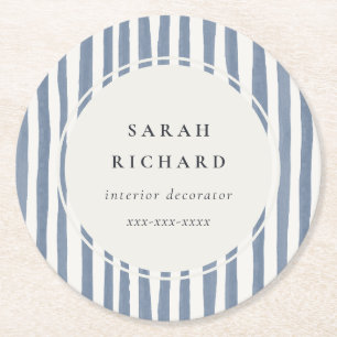Boho Chic Dusky Blue Watercolor Hand Drawn Strips Round Paper Coaster