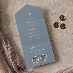 Boho Chic Dusty Blue Dual QR Code Wedding All In One Invitation