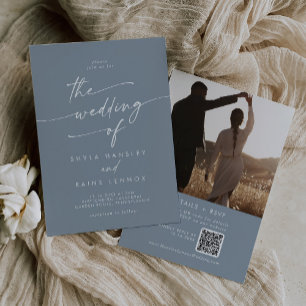 Boho Chic Dusty Blue Photo QR Code Wedding Invitation