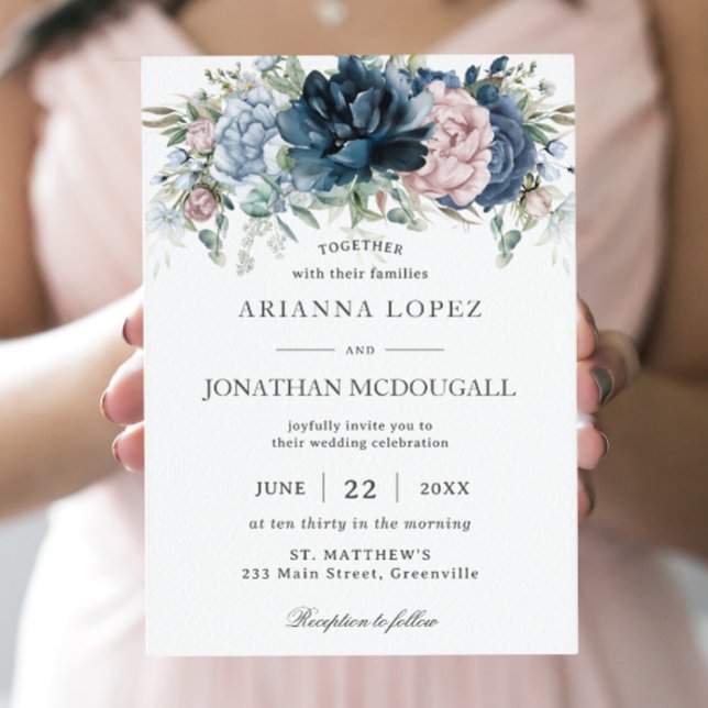Boho Chic Dusty Blue Pink Navy Floral Sage Wedding Invitation (Creator Uploaded)
