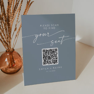 Boho Chic Dusty Blue Seating Chart QR Code Pedestal Sign
