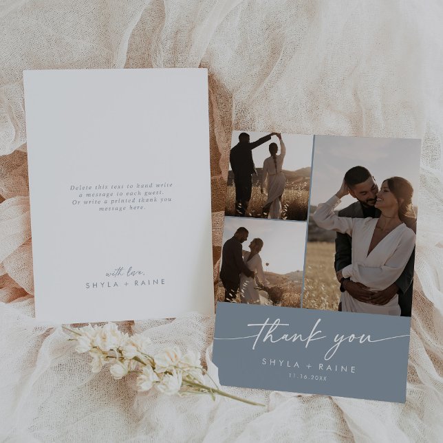 Boho Chic Dusty Blue Wedding Photo Collage Thank You Card (Creator Uploaded)