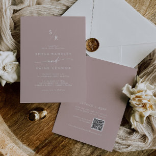 Boho Chic Dusty Rose Pink Monogram QR Code Wedding Invitation