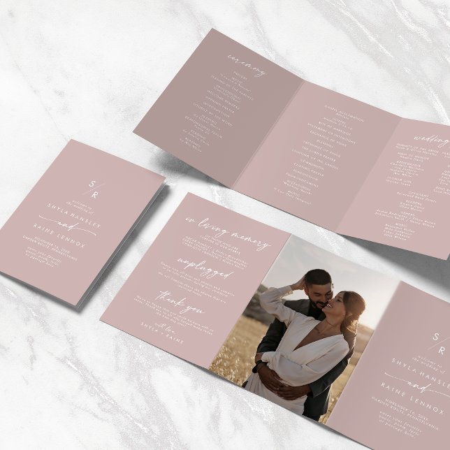 Boho Chic Dusty Rose Pink Monogram Wedding Tri-Fold Programme (Creator Uploaded)