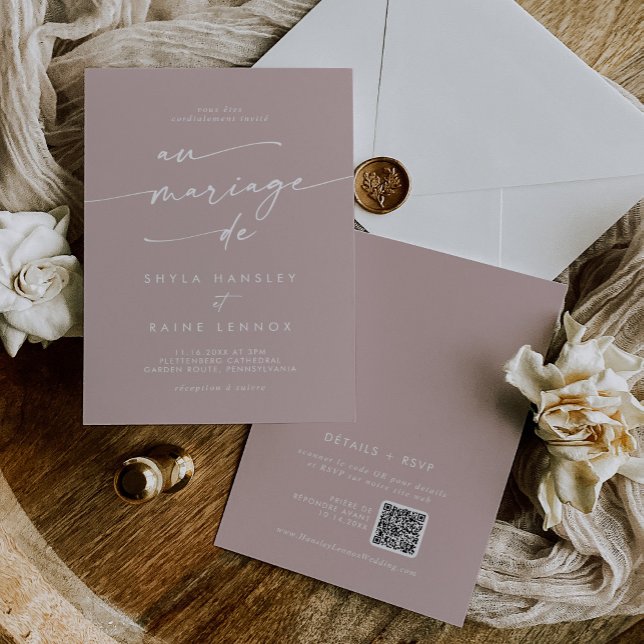Boho Chic Dusty Rose Pink QR Code French Wedding Invitation (Creator Uploaded)