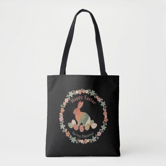  Boho Chic Easter Bunny Floral Wreath & Eggs Sprin Tote Bag (Front)