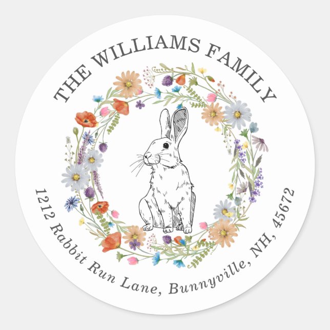 Boho Chic Easter Bunny Watercolor Wildflowers Classic Round Sticker (Front)