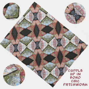Boho Chic Embroidered Patchwork Pattern Fleece Blanket