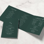 Boho Chic Emerald Green Monogram Wedding Tri-Fold Programme<br><div class="desc">This boho chic emerald green monogram wedding tri-fold program is perfect for a minimalist wedding. The dark and moody hunter forest green modern bohemian design features simple rustic calligraphy with a unique yet classic style. Personalise your wedding program with your initials, names, wedding date and location, your favourite quote or...</div>