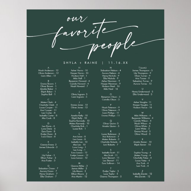 Boho Chic Emerald Green Printable Seating Chart (Front)