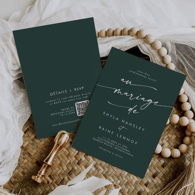 Boho Chic Emerald Green QR Code French Wedding Invitation (Creator Uploaded)