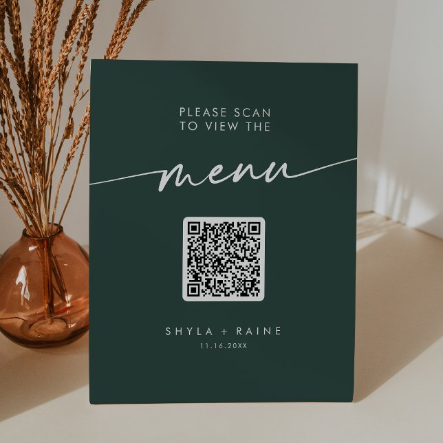 Boho Chic Emerald Green QR Code Wedding Menu Pedestal Sign (Creator Uploaded)