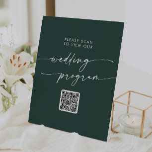 Boho Chic Emerald Green QR Code Wedding Program Pedestal Sign