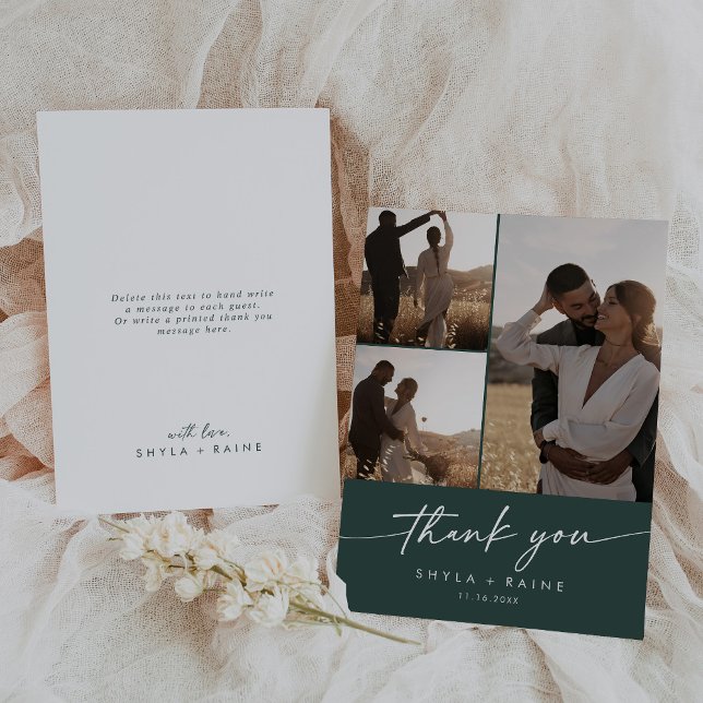Boho Chic Emerald Green Wedding Photo Collage Thank You Card (Creator Uploaded)