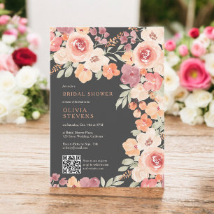 Boho chic fall peach grey qr code bridal shower invitation